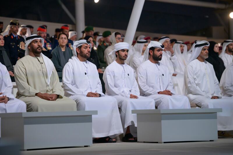 Sheikh Diab, left, Sheikh Saeed bin Saif bin Mohammed, second left, Sheikh Zayed bin Saif bin Mohamed Al Nahyan, fourth left, and Sheikh Khalifa bin Saif bin Mohammed, right, at Wahat Al Karama.