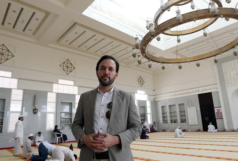 Dr Talal Rahwan inside Masjid Al Haq at Khalifa City in Abu Dhabi. The academic takes drive for innovation in the direction of energy economy and optimises comfort for worshippers. Satish Kumar / The National 