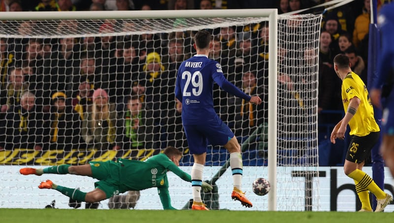 Chelsea's Kai Havertz watches his shot hit the post. AFP