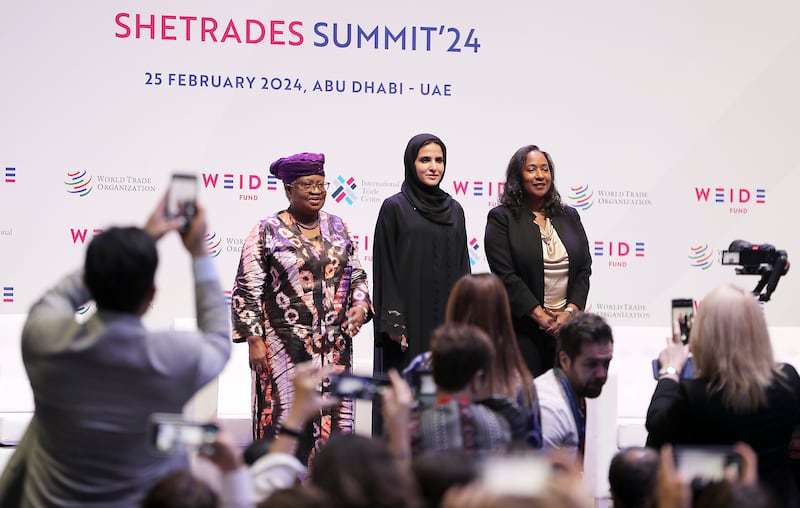 From left: Ngozi Okonjo-Iweala, WTO director general, Alia Al Mazrouei, chief executive of the Khalifa Fund for Enterprise Development, and Pamela Coke-Hamilton, executive director of the ITC, during an event on women and trade.