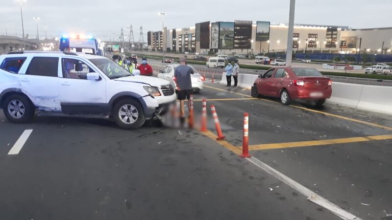 Two people were injured after two cars collided on Umm Suqeim Road, opposite Dubai Hills on Wednesday. Photo: Dubai Police