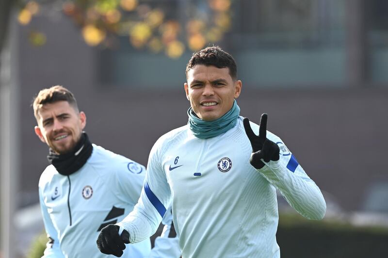 COBHAM, ENGLAND - NOVEMBER 06:  Jorginho and Thiago Silva of Chelsea during a training session at Chelsea Training Ground on November 6, 2020 in Cobham, United Kingdom. (Photo by Darren Walsh/Chelsea FC via Getty Images)