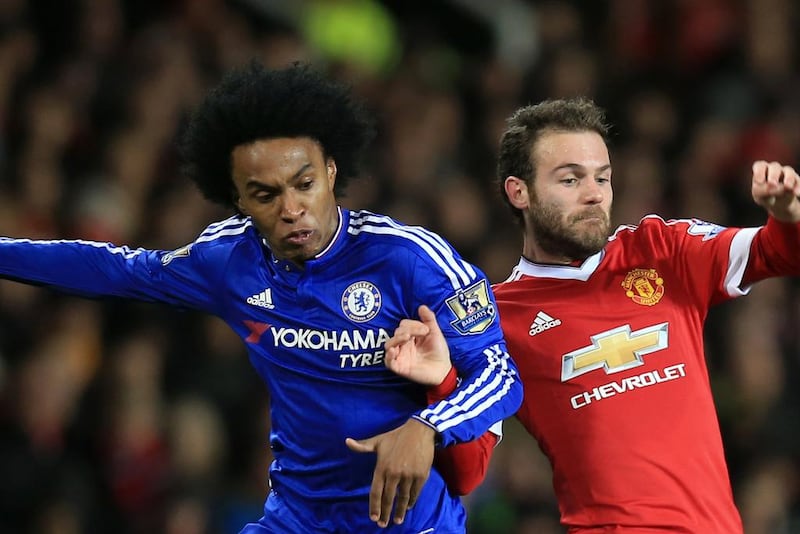 Chelsea's Willian and Manchester United's Juan Mata battle during their teams' Premier League contest in in December. Marc Atkins / Mark Leech Sports Photography / Getty Images / December 28, 2015