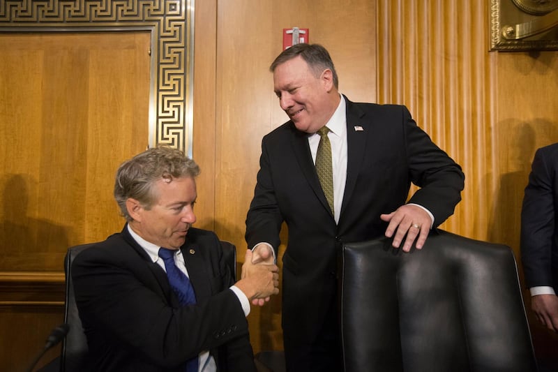 epa06688046 (FILE) - Republican Senator from Kentucky Rand Paul (L) shakes hands with CIA Director Mike Pompeo (R) before the Senate Foreign Relations Committee hearing on the nomination of Pompeo to be Secretary of State, on Capitol Hill in Washington, DC, USA, 12 April 2018 (issued 23 April 2018). The Senate Foreign Relations Committee holds a business meeting, 23 April, to vote on Pompeo's nomination. If confirmed by the full Senate, Pompeo would fill the vacancy left after US President Donald J. Trump fired Rex Tillerson.  EPA/MICHAEL REYNOLDS