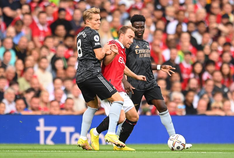 The foul by Arsenal's Martin Odegaard's on Christian Eriksen that resulted in Gabriel Martinelli's goal being ruled out. Getty