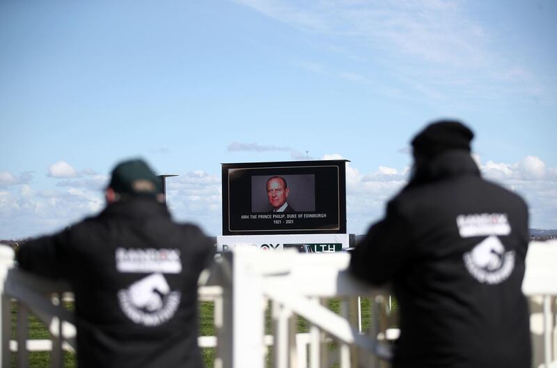 A tribute on a big screen for the late Prince Philip, ahead of Ladies Day of the Grand National Festival at Aintree Racecourse, Liverpool. PA