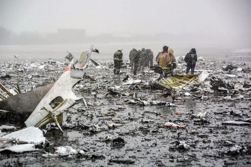 A handout picture released by Russia's Emergencies Ministry shows Russian rescuers working at the crash site of a passenger plane in Rostov-on-Don on March 19, 2016. - A Boeing passenger jet operated by the FlyDubai budget airline crashed in southern Russia, killing all 62 people on board as it tried to land in bad weather, officials said. The Boeing 737, which flew from Dubai to the southern Russian city of Rostov-on-Don, was reportedly making its second attempt to land after circling for several hours. 
== RESTRICTED TO EDITORIAL USE - MANDATORY CREDIT "AFP PHOTO / RUSSIAN EMERGENCIES MINISTRY" - NO MARKETING NO ADVERTISING CAMPAIGNS - DISTRIBUTED AS A SERVICE TO CLIENTS == (Photo by STR / RUSSIAN EMERGENCIES MINISTRY / AFP)