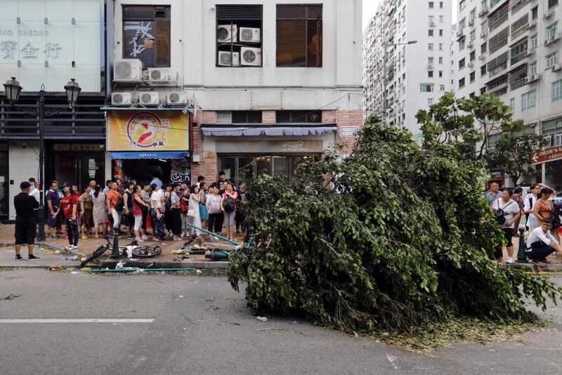 Tourists from China lineup outside a jewellery shop where a tree was uprooted by strong winds from Typhoon Hato in Macau. Tyrone Siu / Reuters