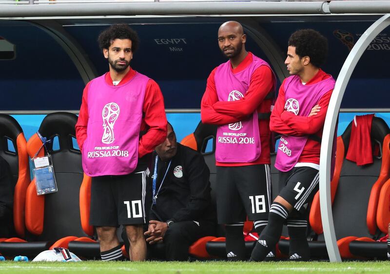 YEKATERINBURG, RUSSIA - JUNE 15:  Mohamed Salah, Shikabala and Omar Gaber of Egypt look on dejected during the 2018 FIFA World Cup Russia group A match between Egypt and Uruguay at Ekaterinburg Arena on June 15, 2018 in Yekaterinburg, Russia.  (Photo by Clive Rose/Getty Images)