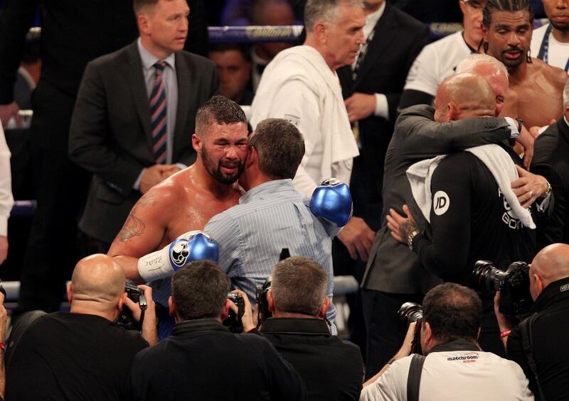 Tony Bellew celebrates after defeating David Haye in the fifth round. Sean Dempsey / EPA