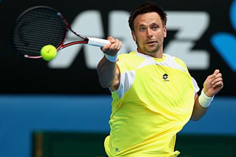 Robin Soderling plays forehand in his fourth-round match against Alexandr Dolgopolov.