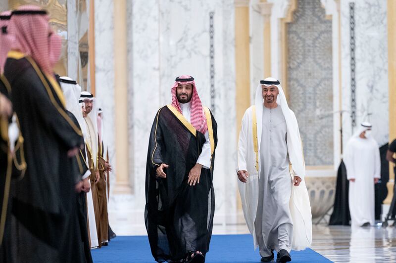 Sheikh Mohamed bin Zayed hosts an official reception for Prince Mohammed bin Salman at Qasr Al Watan.