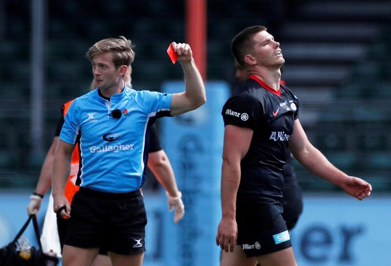 FILE PHOTO: Rugby Union - Premiership - Saracens v Wasps - Allianz Park, London, Britain - September 5, 2020  Saracens' Owen Farrell looks dejected after he was sent off for a late tackle on Wasps' Charlie Atkinson   Action Images/Paul Childs/File Photo
