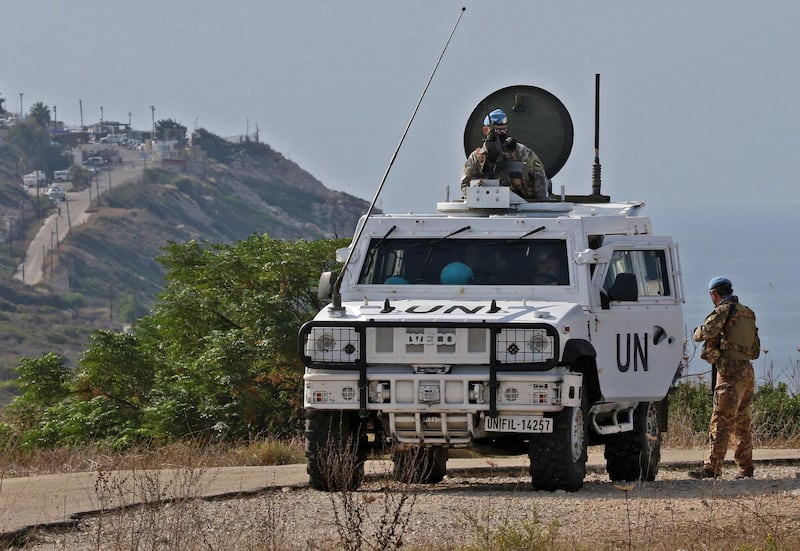 United Nations peacekeeping force in Lebanon (UNIFIL) vehicles patrol the Lebanese southern coastal area of Naqura by the border with Israel, on November 11, 2020. Lebanon and Israel, still technically at war, held today a third round of maritime border talks under UN and US auspices to allow for offshore energy exploration. The delegations met at a base of the UN peacekeeping force UNIFIL in the Lebanese border town of Naqura.
 / AFP / Mahmoud ZAYYAT

