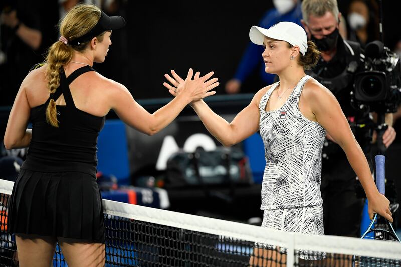 Ash Barty, right, of Australia is congratulated by Danielle Collins of the US after winning the Australian Open title. AP