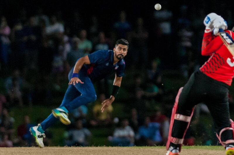 PP138X Morrisville, North Carolina, USA. 22nd Sep, 2018. Sept. 22, 2018 - Morrisville N.C., USA - Team USA MUHAMMAD ALI KHAN (47) delivers in the Super Over during the ICC World T20 America's ''A'' Qualifier cricket match between USA and Canada. Both teams played to a 140/8 tie with Canada winning the Super Over for the overall win. In addition to USA and Canada, the ICC World T20 America's ''A'' Qualifier also features Belize and Panama in the six-day tournament that ends Sept. 26. Credit: Timothy L. Hale/ZUMA Wire/Alamy Live News