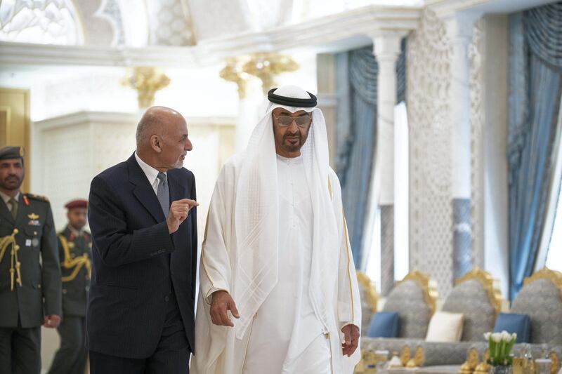 ABU DHABI, UNITED ARAB EMIRATES - March 17, 2019: HH Sheikh Mohamed bin Zayed Al Nahyan, Crown Prince of Abu Dhabi and Deputy Supreme Commander of the UAE Armed Forces (centre R), receives HE Ashraf Ghani, President of Afghanistan (centre L), during a reception at the Presidential Palace. 
( Ryan Carter / Ministry of Presidential Affairs )?