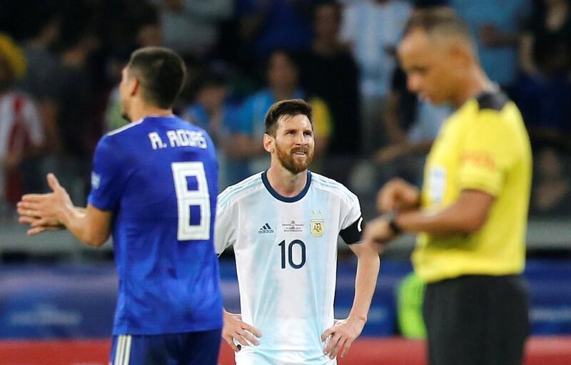 Argentina's Lionel Messi reacts after the match, a 1-1 draw. Reuters