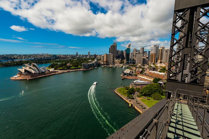 15 Feb 2012 --- The Sydney Opera House and the Circular Quay seen from the Sydney Harbour Bridge, Sydney, New South Wales, Australia --- Image by © Blaine Harrington III/Corbis