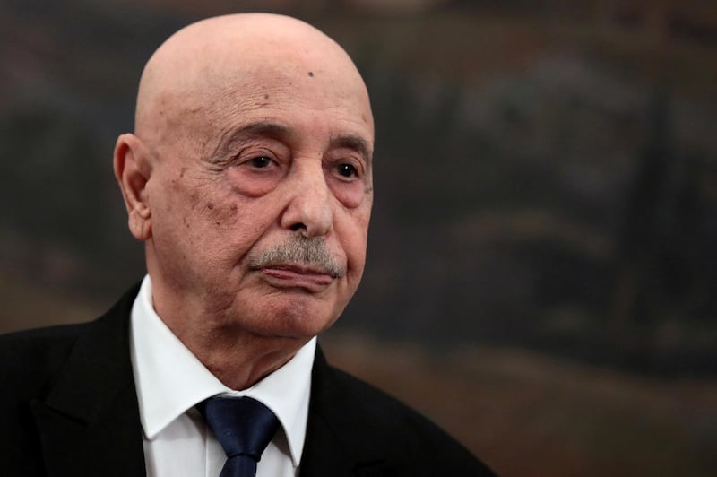FILE PHOTO: Aguila Saleh, leader of a rival parliament in eastern Libya, listens to remarks during a visit to the Greek parliament in Athens, December 12, 2019. REUTERS/Costas Baltas/File Photo