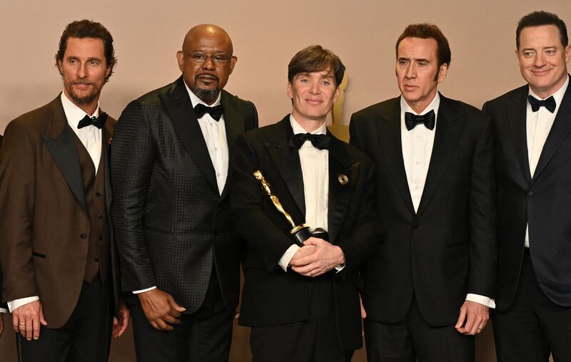 From left, actors Matthew McConaughey, Forest Whitaker, Cillian Murphy, Nicolas Cage and Brendan Fraser pose after  Murphy won Oscar for Best Actor in a Leading Role for the film Oppenheimer, in Hollywood. AFP