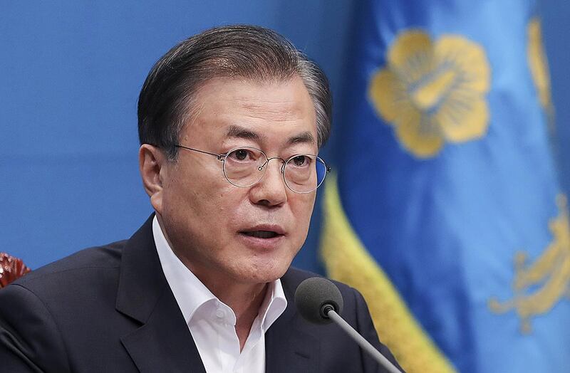 SEOUL, SOUTH KOREA - AUGUST 02: In this handout image provided by the South Korean Presidential Blue House, South Korean President Moon Jae-in attends the meeting regarding the Japan's decision to remove South Korea from a "whitelist" of favoured export partners at Presidential Blue House on August 02, 2019 in Seoul, South Korea. Japan approved a bill removing South Korea from its "whitelist" of trusted trade partners. (Photo by South Korean Presidential Blue House via Getty Images)