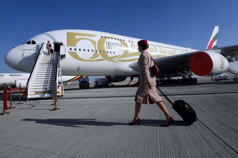 An Emirates plane at the 2021 Dubai Airshow. Reuters