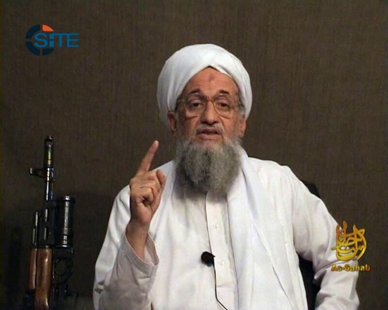 A still image from a video released by Al Qaeda’s media arm shows Al Zawahiri as he gives a eulogy for bin Laden in June 2011. AFP