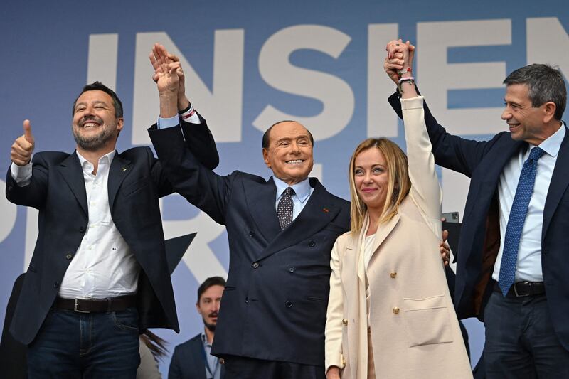 From left, heavyweights of Italian politics Matteo Salvini, Berlusconi, Giorgia Meloni and Maurizio Lupi on stage at a joint rally of a coalition of far-right and right-wing parties. AFP
