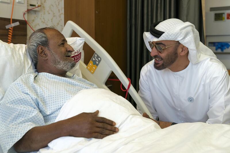 ABU DHABI, UNITED ARAB EMIRATES -  March 11, 2018: HH Sheikh Mohamed bin Zayed Al Nahyan, Crown Prince of Abu Dhabi and Deputy Supreme Commander of the UAE Armed Forces (R), visits Fadel Mahmoud Saleh (L), who is in Abu Dhabi receiving medical assistance at Burjeel Hospital. 
( Ryan Carter for the Crown Prince Court - Abu Dhabi )
---