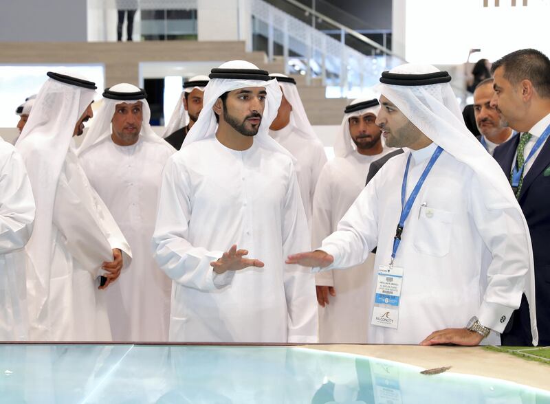 Dubai, United Arab Emirates - September 11th, 2017: Sheikh Hamdan bin Mohammed Al Maktoum visits the 16th addition of Cityscape Global. Monday, September 11th, 2017 at World Trade centre, Dubai. 