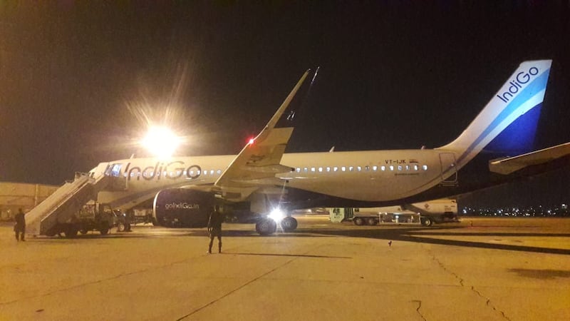 An IndiGo aircraft carrying 186 passengers lands in Karachi airport after it was diverted from its Sharjah to India route due to a technical problem. Photo: Pakistan Civil Aviation Authority