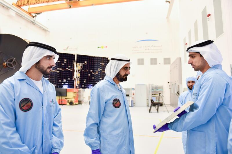 Sheikh Mohammed bin Rashid Al Maktoum, Vice President, Prime Minister and Ruler of Dubai, accompanied by Sheikh Hamdan bin Mohammed bin Rashid Al Maktoum, Crown Prince of Dubai and Chairman of the Dubai Executive Council, visits the 
Mohammed Bin Rashid Space Centre as the last external part of the Hope Probe is installed, which is signed by UAE Rulers and Crown Princes. Wam