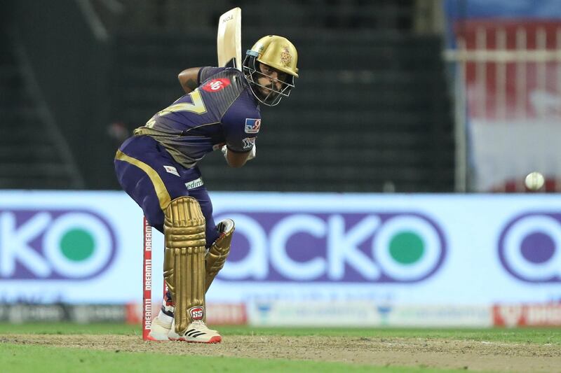 Nitish Rana of Kolkata Knight Riders play a shot during match 16 of season 13 of the Indian Premier League (IPL ) between the Delhi Capitals and the Kolkata Knight Riders held at the Sharjah Cricket Stadium, Sharjah in the United Arab Emirates on the 3rd October 2020.  Photo by: Arjun Singh  / Sportzpics for BCCI