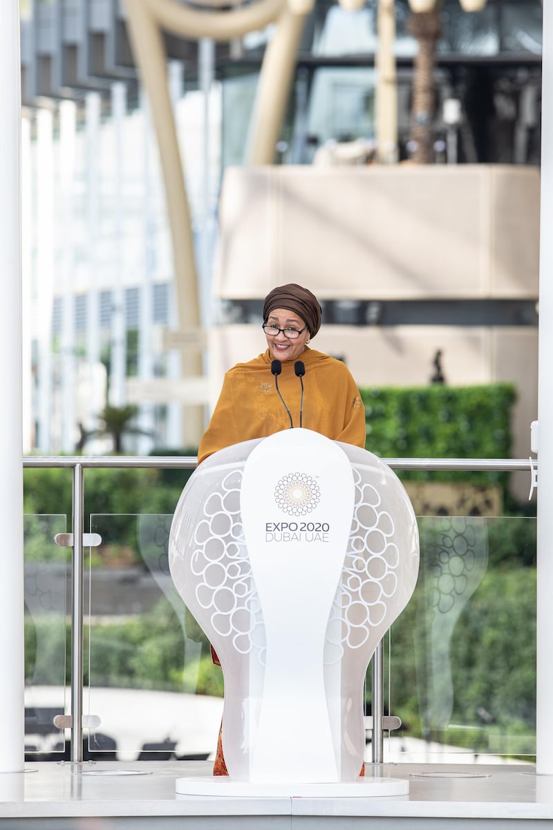 Amina Mohammed, Deputy Secretary-General of the United Nations and chair of the United Nations Sustainable Development Group, speaks during the United Nations honour day ceremony. All photos: Expo 2020 Dubai