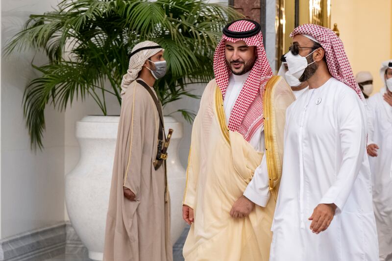 Prince Khalid bin Salman, Saudi Arabia's Deputy Minister of Defence with Sheikh Tahnoun bin Zayed, UAE National Security Adviser, at Abu Dhabi's Presidential Airport