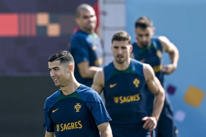 Cristiano Ronaldo and teammates take part in a Portugal training session. AFP