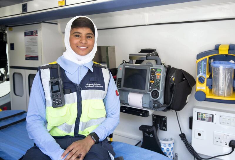 Ajman, United Arab Emirates - Emirati female EMT's Marwa Ahmad Alamoodi with the national ambulance showing how they respond to a call and provide emergency treatment to residents. Ruel Pableo for The National