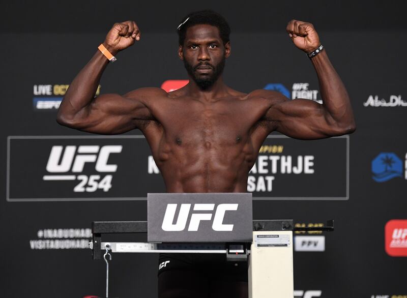 ABU DHABI, UNITED ARAB EMIRATES - OCTOBER 23: Jared Cannonier poses on the scale during the UFC 254 weigh-in on October 23, 2020 on UFC Fight Island, Abu Dhabi, United Arab Emirates. (Photo by Josh Hedges/Zuffa LLC)