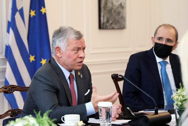 King Abdullah II speaks at Maximos Mansion in Athens.