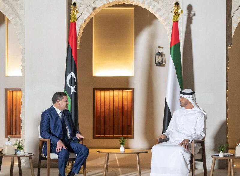 ABU DHABI, UNITED ARAB EMIRATES - April 07, 2021: HH Sheikh Mohamed bin Zayed Al Nahyan, Crown Prince of Abu Dhabi and Deputy Supreme Commander of the UAE Armed Forces (R) meets with HE Abdul Hamid Dbeibeh, Prime Minister of Libya (L), at at Qasr Al Hosn.

( Mohamed Al Hammadi / Ministry of Presidential Affairs )
---