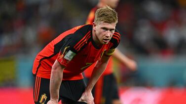 Belgium's midfielder #07 Kevin de Bruyne reacts during the Qatar 2022 World Cup Group F football match between Croatia and Belgium at the Ahmad Bin Ali Stadium in Al-Rayyan, west of Doha on December 1, 2022.  (Photo by GABRIEL BOUYS  /  AFP)