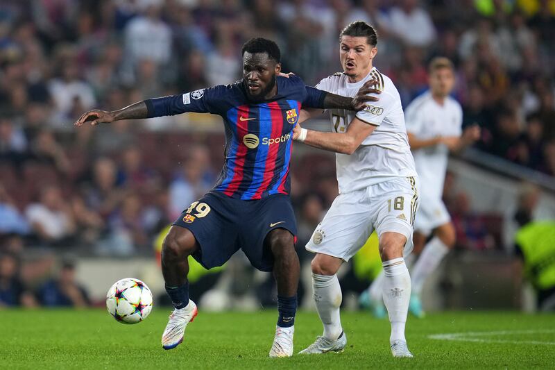 Barcelona's Franck Kessie is challenged by Marcel Sabitzer  during their Champions League clash in October, 2022. Getty