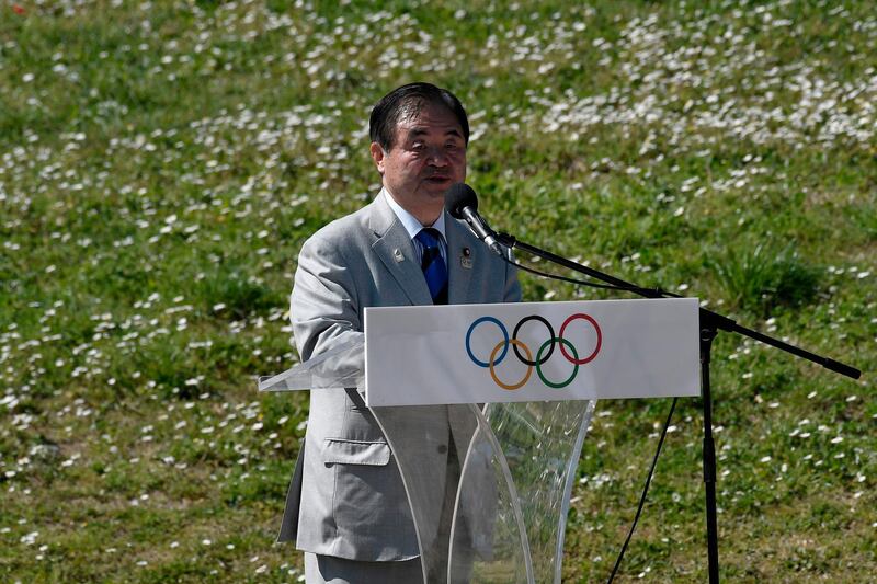 Paralympic Games vice president Toshiaki Endo speaks during the Olympic flame lighting ceremony. AFP