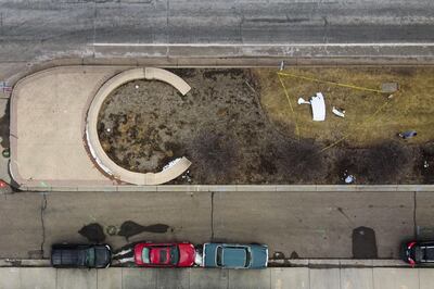 BROOMFIELD, CO - FEBRUARY 20: In this aerial view from a drone, a piece of an airplane engine that fell from Flight 328 (Top R) sits in the median of Sheridan Boulevard on February 20, 2021 in Broomfield, Colorado. An engine on the Boeing 777 exploded after takeoff from Denver prompting the flight to return to Denver International Airport where it landed safely.   Michael Ciaglo/Getty Images/AFP
== FOR NEWSPAPERS, INTERNET, TELCOS & TELEVISION USE ONLY ==
