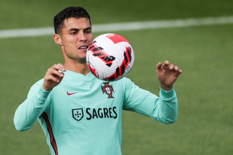 Portuguese soccer player Cristiano Ronaldo in action during PortugalÂ´s national team training session at Oeiras, outskirts of Lisbon, Portugal, 05 October 2021.   EPA / TIAGO PETINGA