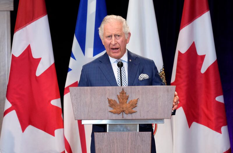 Britain's Prince Charles speaks during a welcome ceremony in St John's, Canada, as he and Camilla, Duchess of Cornwall, begin a three-day tour of the country. It is taking place at a  time when affinity for the British Crown is waning among many in the Commonwealth member. AP