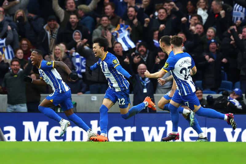 Kaoru Mitoma  celebrates after scoring Brighton's second goal in the 2-1 FA Cup fourth round win against Liverpool at Amex Stadium on January 29, 2023. Getty