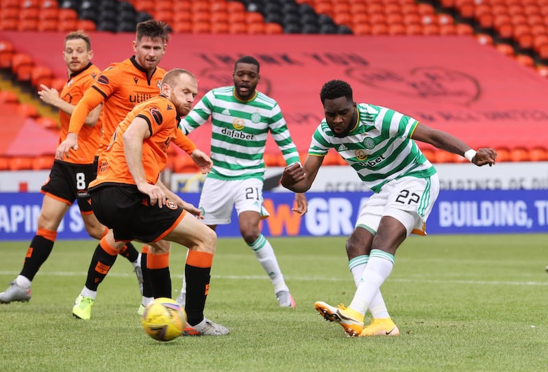 Celtic's Odsonne Edouard shoots at goal, as play resumes behind closed doors following the outbreak of the coronavirus disease. Reuters