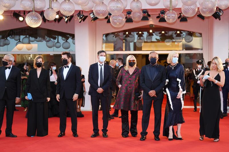 Roberto Cicutto, Joanna Hogg, Matt Dillon, Christian Petzold, Veronika Franz, Alberto Barbera, Cate Blanchett and Ludivine Sagnier walk the red carpet ahead of the Opening Ceremony. Getty Images